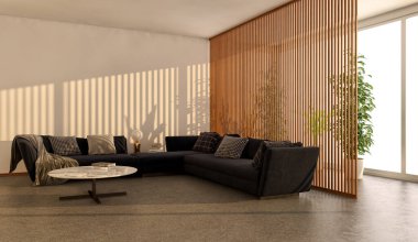 Büyük lüks, modern, parlak iç mekanlar. Oturma odası tasviri. 3D görüntüleme.