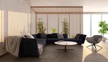 Büyük lüks, modern, parlak iç mekanlar. Oturma odası tasviri. 3D görüntüleme.