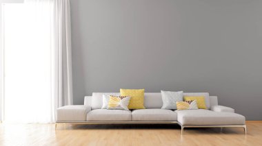 Büyük lüks, modern, parlak iç mekanlar. Oturma odası tasviri. 3D görüntüleme.