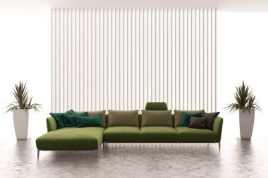 Büyük lüks, modern, parlak iç mekanlar. Oturma odası tasviri. 3D görüntüleme.