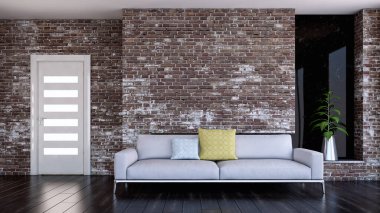 Büyük lüks, modern, parlak iç mekanlar. Oturma odası tasviri. 3D görüntüleme.