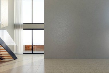 Büyük lüks, modern, parlak iç mekanlar. Oturma odası tasviri. 3D görüntüleme.