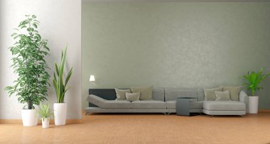 Büyük lüks, modern, parlak iç mekanlar. Oturma odası tasviri. 3D görüntüleme.