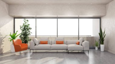 Büyük lüks, modern, parlak iç mekanlar. Oturma odası tasviri. 3D görüntüleme.