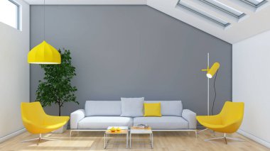 Büyük lüks, modern, parlak iç mekanlar. Oturma odası tasviri. 3D görüntüleme.