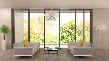 Büyük lüks, modern, parlak iç mekanlar. Oturma odası tasviri. 3D görüntüleme.