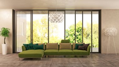 Büyük lüks, modern, parlak iç mekanlar. Oturma odası tasviri. 3D görüntüleme.