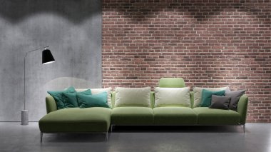 Büyük lüks, modern, parlak iç mekanlar. Oturma odası tasviri. 3D görüntüleme.