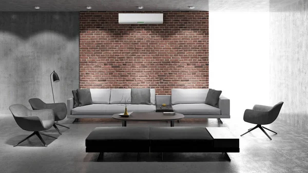 Grote Luxe Moderne Lichte Interieurs Woonkamer Met Airconditioning Mockup Illustratie — Stockfoto