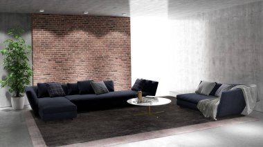Büyük lüks, modern, parlak iç mekanlar. Oturma odası tasviri. 3D görüntüleme.