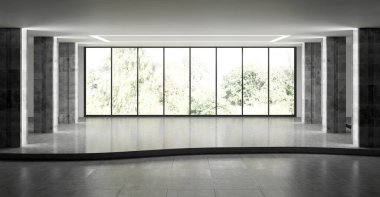 Büyük lüks, modern, parlak iç mekanlar. Oturma odası tasviri. 3D görüntüleme.