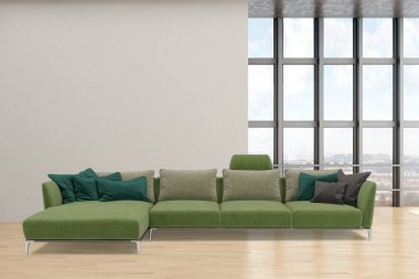 Büyük lüks, modern, parlak iç mekan oturma odası tasviri 3D dijital görüntüleme.