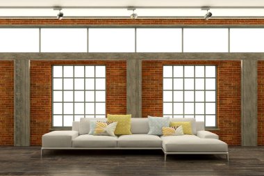 Büyük lüks, modern, parlak iç mekanlar. Oturma odası tasviri. 3D görüntüleme.