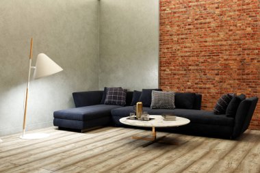 Büyük lüks, modern, parlak iç mekanlar. Oturma odası tasviri. 3D görüntüleme.