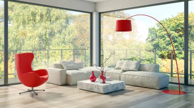 Büyük lüks, modern, parlak iç mekanlar. Oturma odası tasviri. 3D görüntüleme.