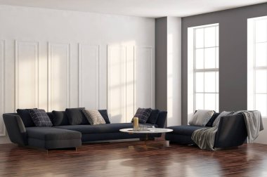 Büyük lüks, modern, parlak iç mekanlar. Oturma odası tasviri. 3D görüntüleme.