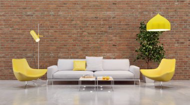 Büyük lüks, modern, parlak iç mekanlar. Oturma odası tasviri. 3D görüntüleme.