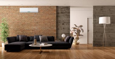 Büyük lüks, modern, parlak iç mekanlar. Oturma odası tasviri. 3D görüntüleme.