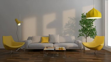 Büyük lüks, modern, parlak iç mekanlar. Oturma odası tasviri. 3D görüntüleme.