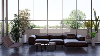 Büyük lüks, modern, parlak iç mekanlar. Oturma odası tasviri. 3D görüntüleme.