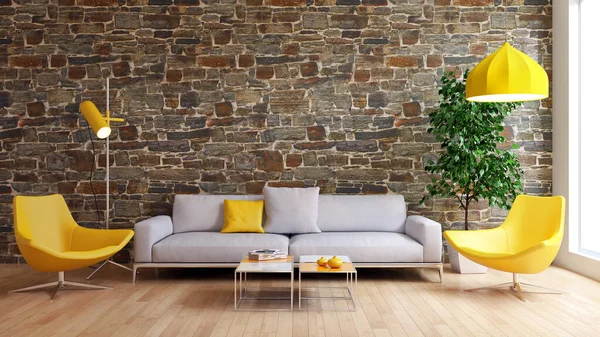 Büyük lüks, modern, parlak iç mekanlar. Oturma odası tasviri. 3D görüntüleme.