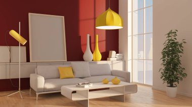 Büyük lüks, modern, parlak iç mekanlar. Oturma odası tasviri. 3D görüntüleme.