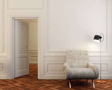 Büyük lüks, modern, parlak iç mekanlar. Oturma odası tasviri. 3D görüntüleme.
