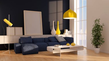 Büyük lüks, modern, parlak iç mekanlar. Oturma odası tasviri. 3D görüntüleme.