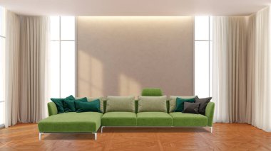 Büyük lüks, modern, parlak iç mekanlar. Oturma odası tasviri. 3D görüntüleme.