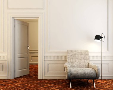Büyük lüks, modern, parlak iç mekanlar. Oturma odası tasviri. 3D görüntüleme.