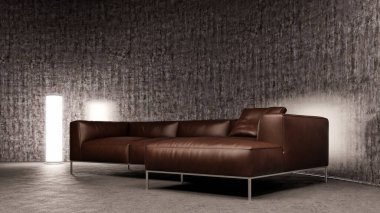 Büyük lüks, modern, parlak iç mekanlar. Oturma odası tasviri. 3D görüntüleme.