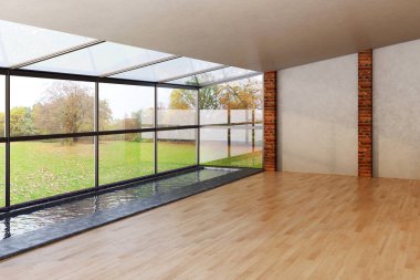 Büyük lüks, modern, parlak iç mekanlar. Oturma odası tasviri. 3D görüntüleme.