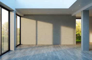 Büyük lüks, modern, parlak iç mekanlar. Oturma odası tasviri. 3D görüntüleme.