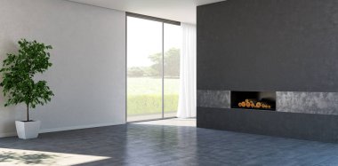 Büyük lüks, modern, parlak iç mekanlar. Oturma odası tasviri. 3D görüntüleme.