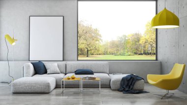 Büyük lüks, modern, parlak iç mekanlar. Oturma odası tasviri. 3D görüntüleme.