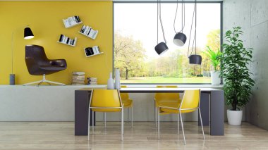 Büyük lüks, modern, parlak iç mekanlar. Oturma odası tasviri. 3D görüntüleme.