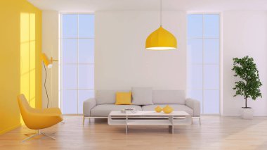 Büyük lüks, modern, parlak iç mekanlar. Oturma odası tasviri. 3D görüntüleme.