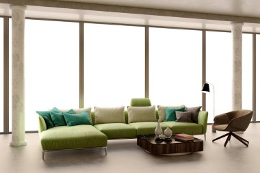 Büyük lüks, modern, parlak iç mekanlar. Oturma odası tasviri. 3D görüntüleme.