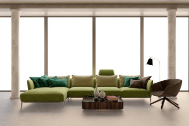 Büyük lüks, modern, parlak iç mekanlar. Oturma odası tasviri. 3D görüntüleme.