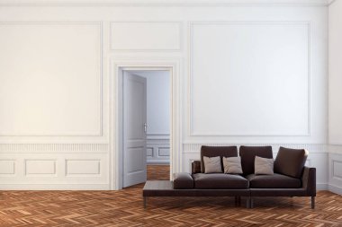 Büyük lüks, modern, parlak iç mekanlar. Oturma odası tasviri. 3D görüntüleme.