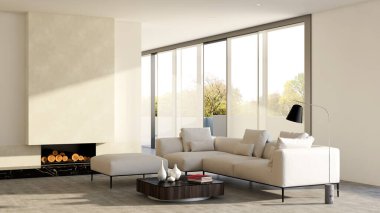 Büyük lüks, modern, parlak iç mekanlar. Oturma odası tasviri. 3D görüntüleme.