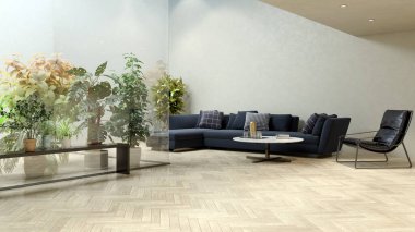 Büyük lüks, modern, parlak iç mekanlar. Oturma odası tasviri. 3D görüntüleme.