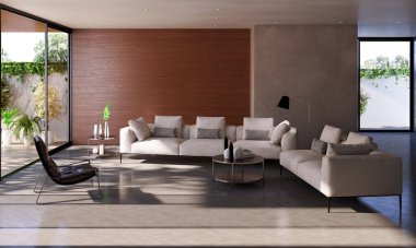 Büyük lüks, modern, parlak iç mekanlar. Oturma odası tasviri. 3D görüntüleme.