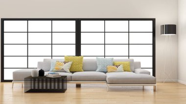 Büyük lüks, modern, parlak iç mekanlar. Oturma odası tasviri. 3D görüntüleme.