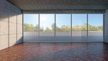 Büyük lüks, modern, parlak iç mekanlar. Oturma odası tasviri. 3D görüntüleme.