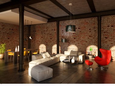 Büyük lüks, modern, parlak iç mekanlar. Oturma odası tasviri. 3D görüntüleme.