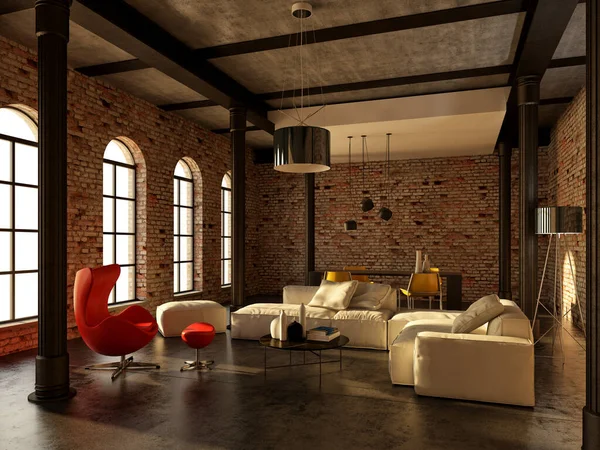 Büyük lüks, modern, parlak iç mekanlar. Oturma odası tasviri. 3D görüntüleme.