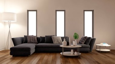 Büyük lüks, modern, parlak iç mekanlar. Oturma odası tasviri. 3D görüntüleme.