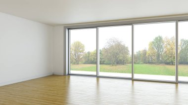 Büyük lüks, modern, parlak iç mekanlar. Oturma odası tasviri. 3D görüntüleme.