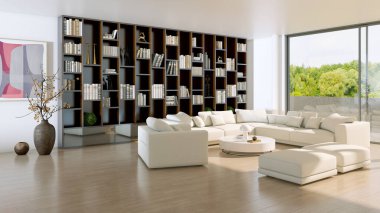 Büyük, lüks, modern kitaplar. Parlak iç mekânlar. Oturma odası tasviri.